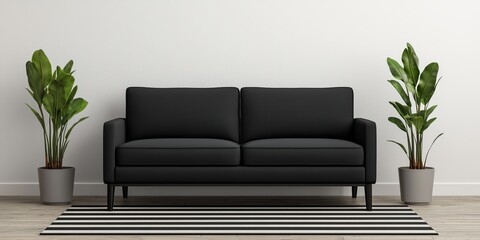 Modern living room concepts, Modern black sofa flanked by leafy plants on a striped rug against a minimalist wall.