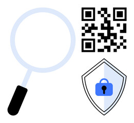 Magnifying glass searching with QR code and shield lock elements. Ideal for technology, scanning, data analysis, security, protection, privacy, internet safety. Modern style abstract line flat