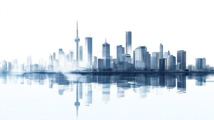 Obraz premium Cityscape skyline reflection, urban development, misty morning, architectural design, real estate