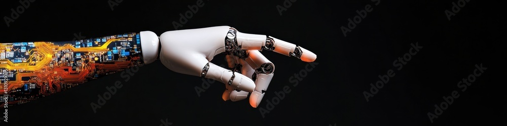 Poster Futuristic AI Connection Robotic and Digital Hand Interaction Visualizing Next-Gen Tech Convergence for Immersive Human-Machine Interface Innovation