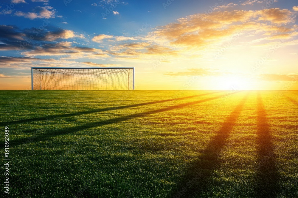 Poster wide angle view of a soccer field at sunrise with golden sunlight illuminating the grass and goalpos
