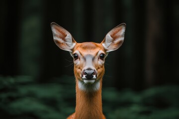 Fototapeta premium Eco-Conscious Wildlife Intimate Deer Portrait Capturing Biomimetic Design Trends in Dark Forest Environment with Serene Natural Aesthetic