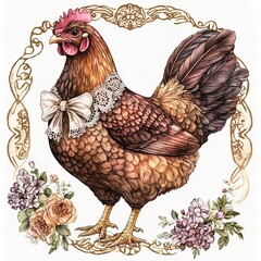 Beautifully detailed illustration of a stylish hen with a bow in a floral frame
