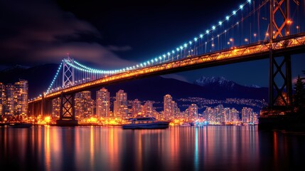 a city bridge leading to a skyline lit by a sea of vibrant lights. The sharp foreground captures streaks of headlights and taillights, while blurred boats pass beneath the bridge,
