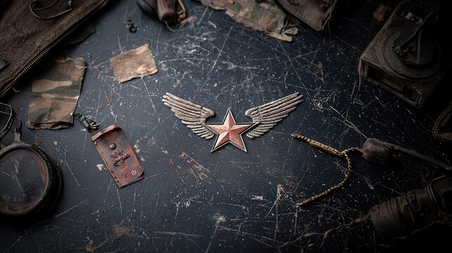 symbolic military badge featuring star and wings, surrounded by vintage items, evokes sense of history and valor
