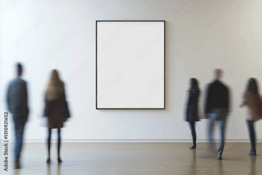 Poster Minimalist Gallery Mockup Blurred Urban Professionals Exploring Contemporary Art Space with Empty Frame - Immersive Visual Communication Design