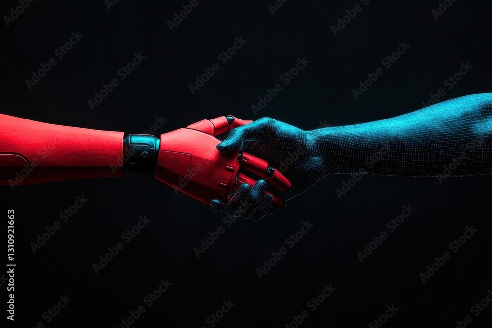 Poster cybernetic synergy ai-human interface handshake - futuristic digital transformation showcasing techn
