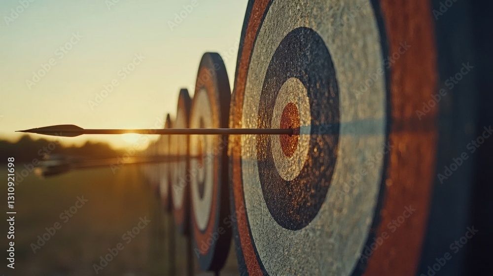 Poster close-up view of bullseye target with arrow embedded in evening light