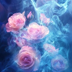 Fototapeta premium Dreamy pink roses enveloped in ethereal blue smoke. (1)