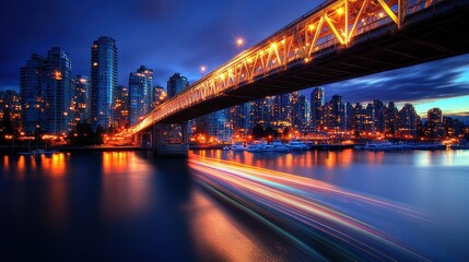 Obraz premium a city bridge leading to a skyline lit by a sea of vibrant lights. The sharp foreground captures streaks of headlights and taillights, while blurred boats pass beneath the bridge,