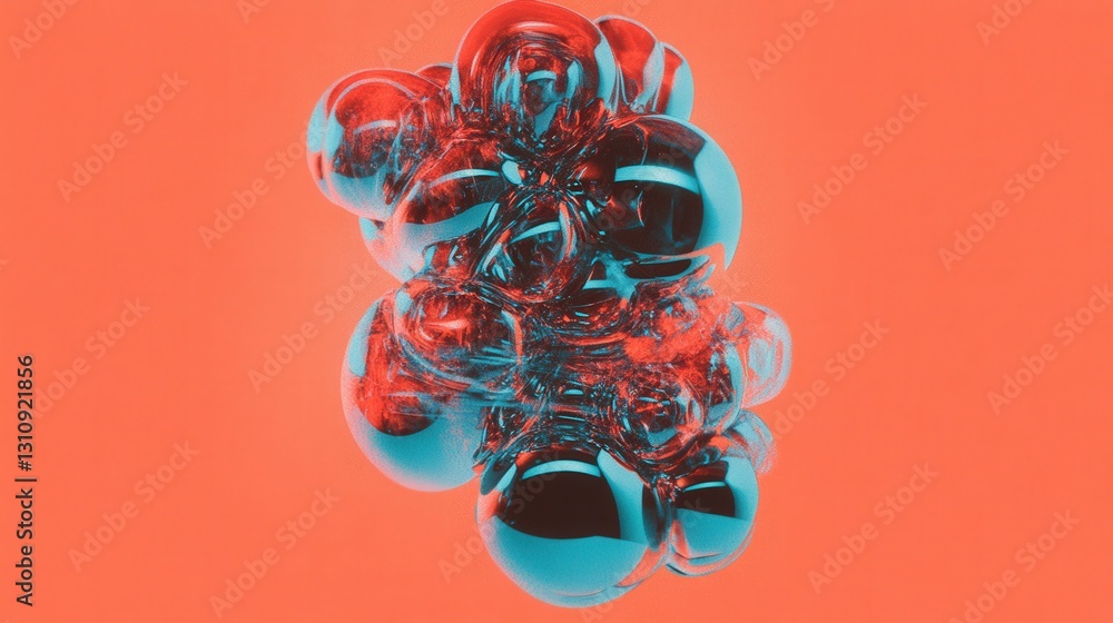 Aufkleber abstract artistic composition of glossy bubbles in vivid turquoise and coral color palette floating 