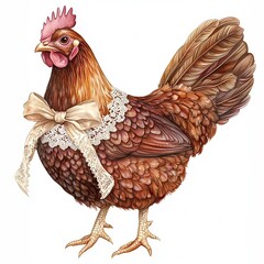 Unique illustration of a hen adorned with a bow and lace collar standing elegantly
