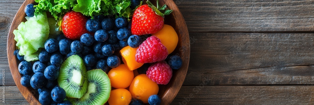 Aufkleber fresh fruit and leafy greens arranged beautifully in a wooden bowl on a rustic table generative ai