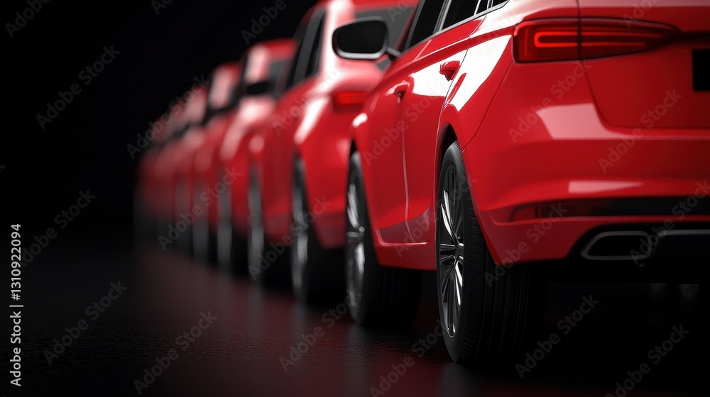 Poster collection of red cars in a row on dark background display