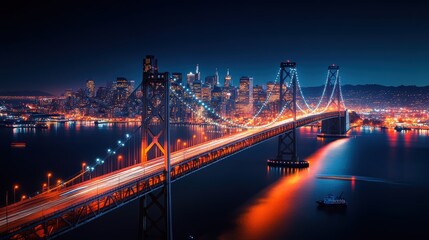 Fototapeta premium a city bridge leading to a skyline lit by a sea of vibrant lights. The sharp foreground captures streaks of headlights and taillights, while blurred boats pass beneath the bridge,
