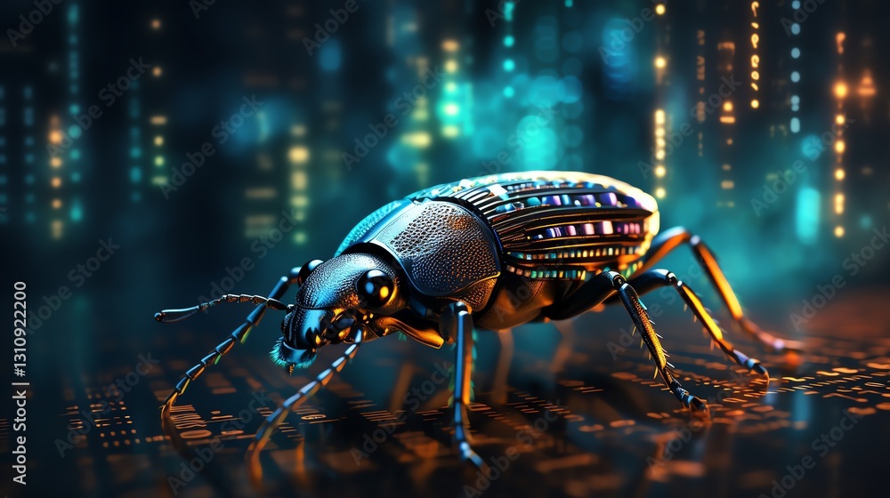 Poster A digital bug moving through rows of binary code, representing software testing, glitchy background, ultra-sharp focus, cyberpunk style