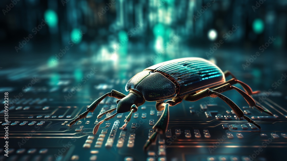 Aufkleber A digital bug on a background of cascading binary code, symbolizing software testing, high-tech programming atmosphere, glowing data streams, cinematic view