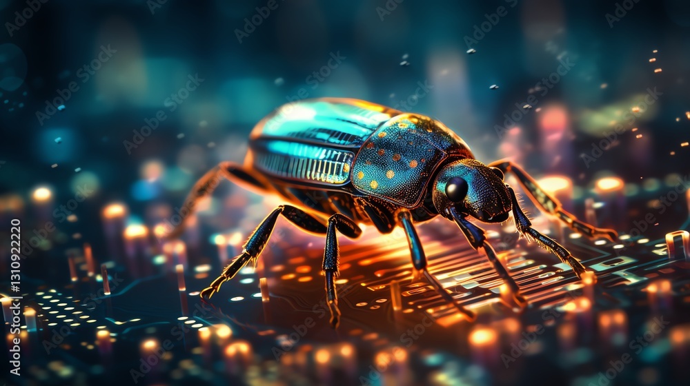 Aufkleber A digital bug on a background of cascading binary code, symbolizing software testing, high-tech programming atmosphere, glowing data streams, cinematic view