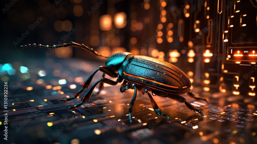 Leinwandbilder A digital bug on a background of cascading binary code, symbolizing software testing, high-tech programming atmosphere, glowing data streams, cinematic view