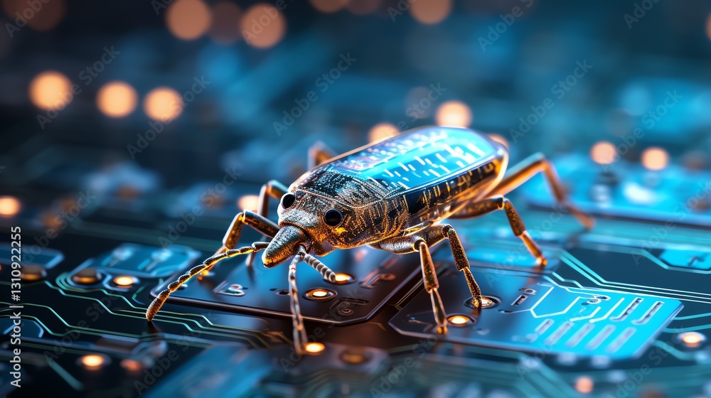 Poster A digital bug resting on a stream of binary numbers, symbolizing software testing, glowing code fragments, high-tech atmosphere, sharp focus, detailed circuit board