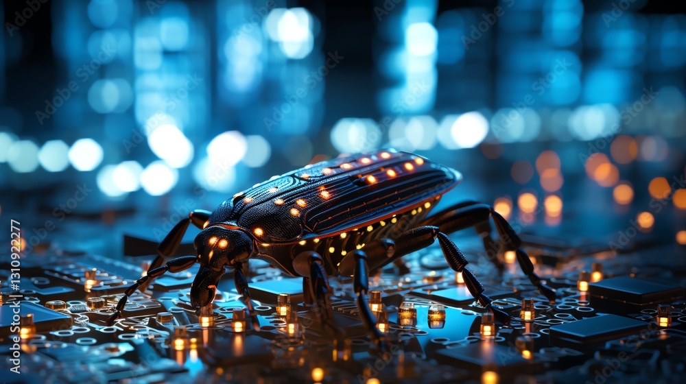 Poster A digital bug resting on a stream of binary numbers, symbolizing software testing, glowing code fragments, high-tech atmosphere, sharp focus, detailed circuit board