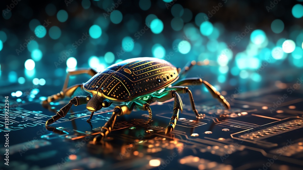 Poster A digital bug resting on a stream of binary numbers, symbolizing software testing, glowing code fragments, high-tech atmosphere, sharp focus, detailed circuit board