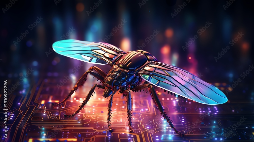 Poster A digital insect on a background of flowing binary code, symbolizing the process of software testing, vibrant neon colors, hyper-realistic, futuristic tech aesthetic