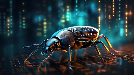 Fototapeta premium A digital bug moving through rows of binary code, representing software testing, glitchy background, ultra-sharp focus, cyberpunk style