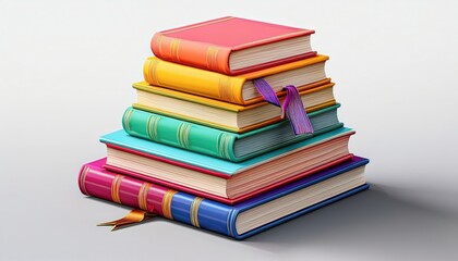 Fototapeta premium 3D rendering of a stack of colorful books with a bookmark, isolated on a white background, symbolizing knowledge, education, and creativity. 