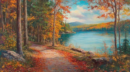 Autumnal Lake Trail: A Serene Forest Path Beside a Tranquil Lake in the Fall