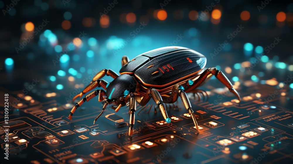 Poster Close-up of a bug on a binary code background, symbolizing the challenges of software debugging and testing, high-resolution, glitchy digital patterns, cinematic lighting