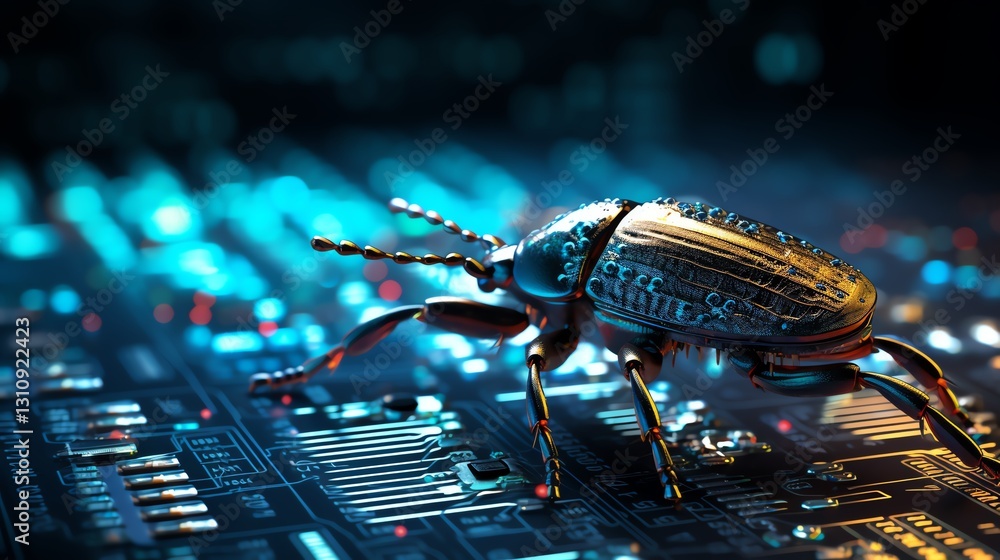 Aufkleber Close-up of a bug on a binary code background, symbolizing the challenges of software debugging and testing, high-resolution, glitchy digital patterns, cinematic lighting