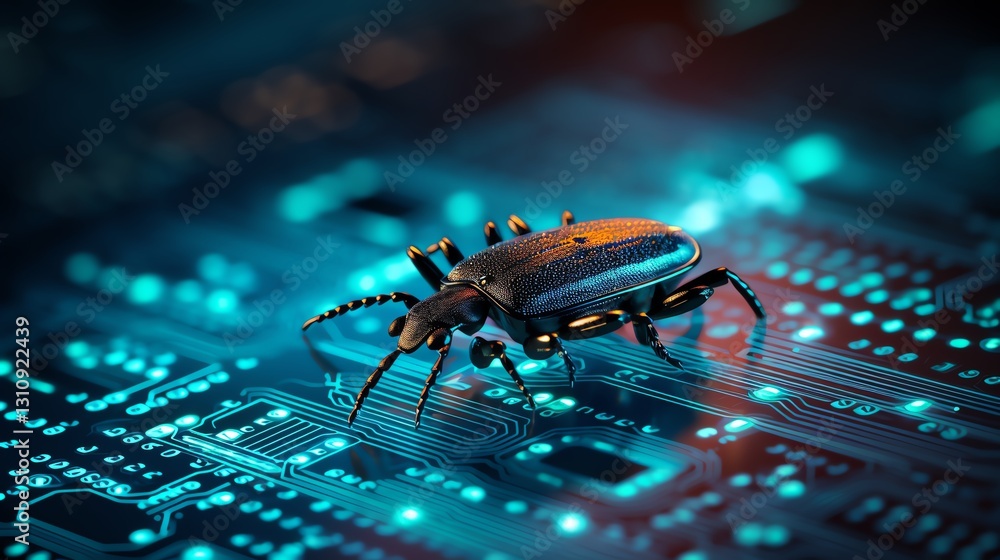 Aufkleber Close-up of a bug on a screen filled with binary code, symbolizing error detection in software testing, detailed micro shot, neon glow, high-tech visual