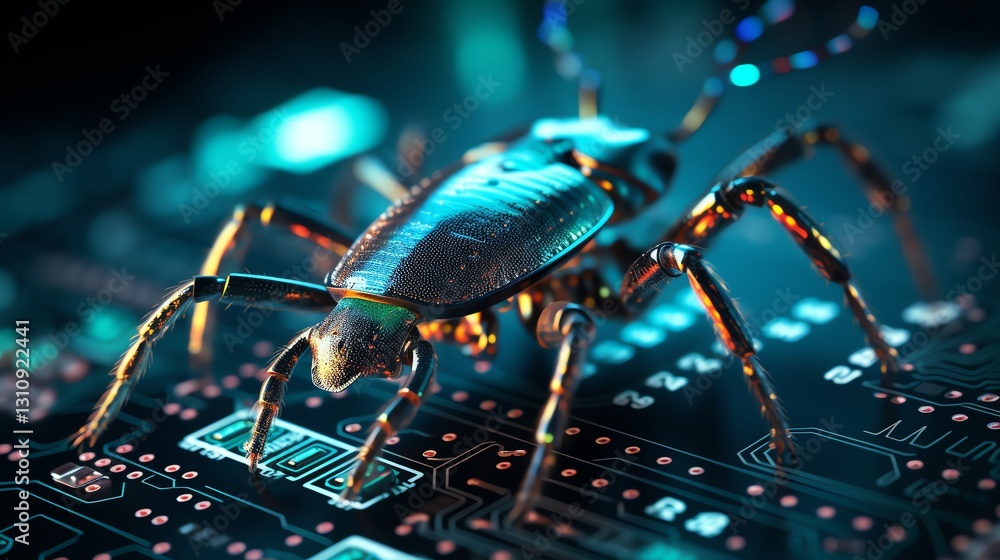 Poster Close-up of a bug on a screen filled with binary code, symbolizing error detection in software testing, detailed micro shot, neon glow, high-tech visual