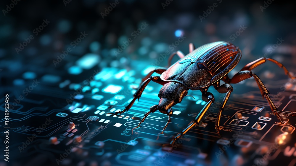 Aufkleber Close-up of a bug on a screen filled with binary code, symbolizing error detection in software testing, detailed micro shot, neon glow, high-tech visual
