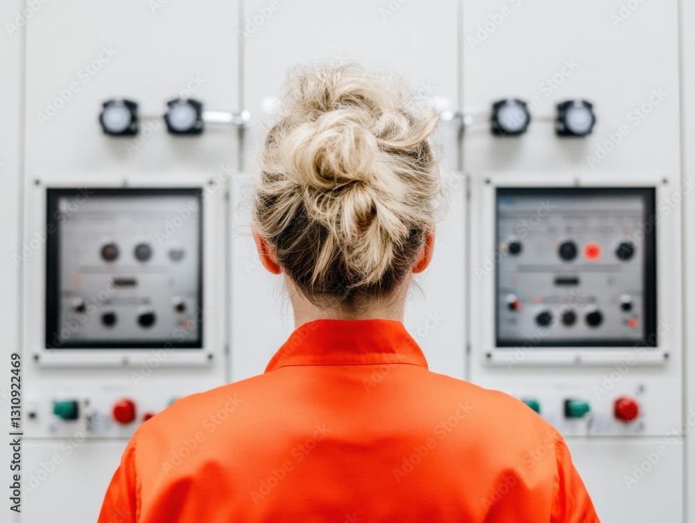 Poster minimalist industrial intelligence next-gen female professional navigating smart manufacturing inter
