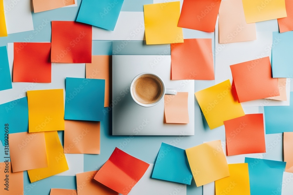 Poster Minimalist AI Innovation Workspace Creative Brainstorming Palette with Coffee and Dynamic Color-Coded Sticky Notes - Digital Entrepreneurship Productivity Concept