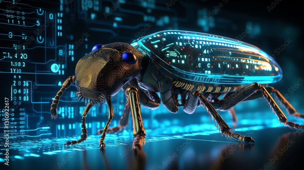 Aufkleber Close-up of a bug on scrolling binary code, representing software debugging, intricate code patterns, glowing neon digits, ultra-detailed, futuristic tech setting