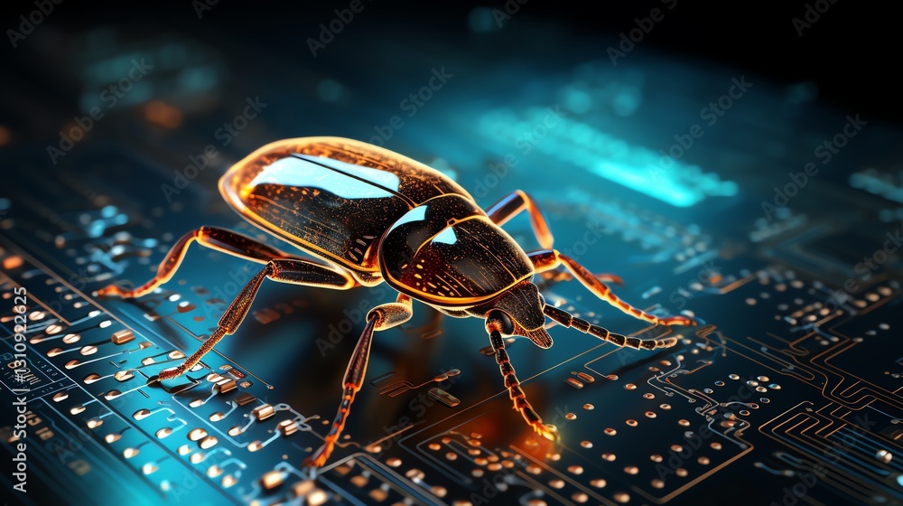 Poster Detailed macro shot of a bug on a screen of binary code, symbolizing the software debugging process, high-tech, sharp digital focus, glowing text patterns