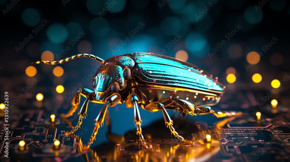 Poster Detailed macro shot of a bug on a screen of binary code, symbolizing the software debugging process, high-tech, sharp digital focus, glowing text patterns