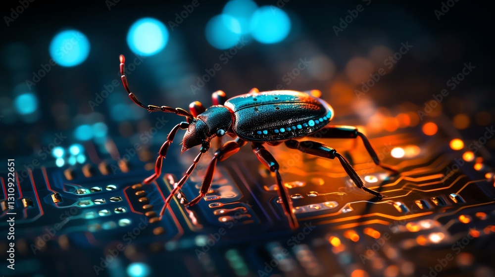 Poster Detailed macro shot of a bug on a screen of binary code, symbolizing the software debugging process, high-tech, sharp digital focus, glowing text patterns
