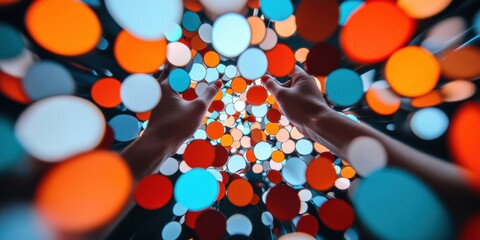 Synergetic Network Dynamics Collaborative Hands Merging Through Vibrant Digital Bubble Visualization - Innovative Team Connection and Future-Focused Business Interaction