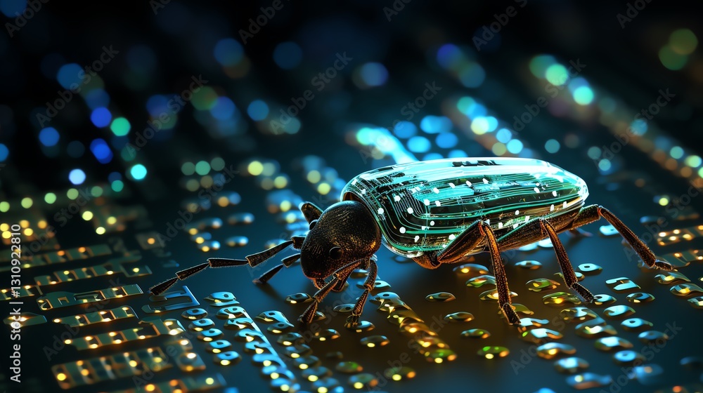 Poster A bug crawling across binary code, symbolizing the hunt for errors in software debugging, glowing digits, high-tech design, ultra-detailed textures