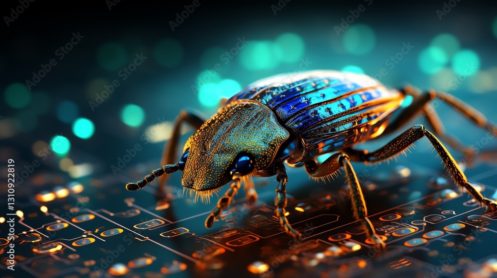 Aufkleber A bug crawling across binary code, symbolizing the hunt for errors in software debugging, glowing digits, high-tech design, ultra-detailed textures