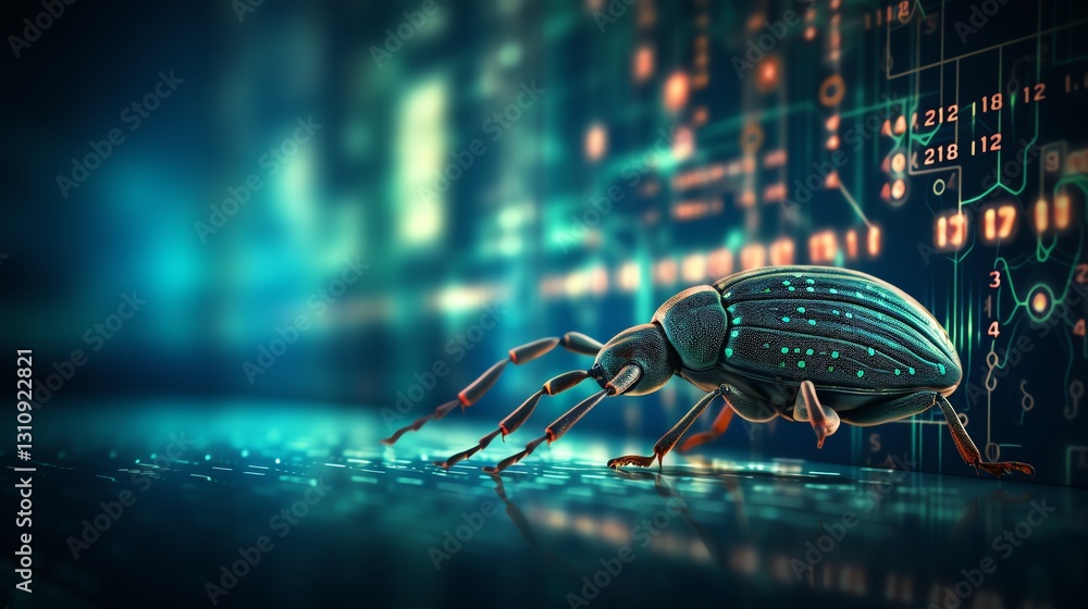 Poster A bug crawling across a screen filled with binary code, symbolizing the search for flaws in software testing, neon lights, ultra-detailed, high-tech atmosphere