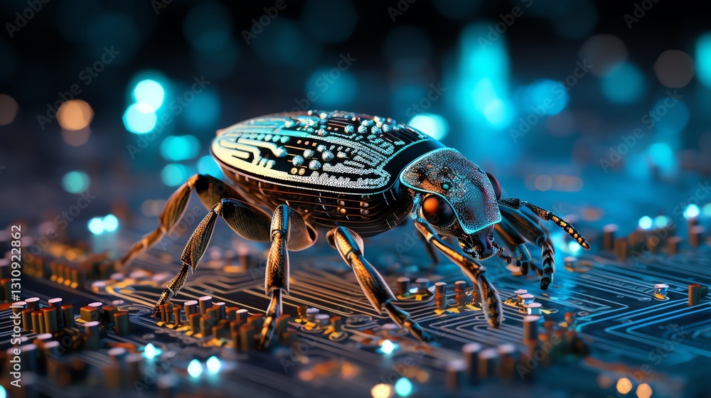Aufkleber A bug crawling across binary code, symbolizing the hunt for errors in software debugging, glowing digits, high-tech design, ultra-detailed textures