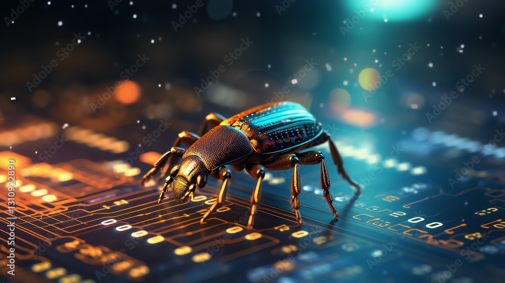 Poster A bug crawling on binary code, symbolizing software testing and debugging, detailed digital background, glowing binary numbers, hyper-realistic, cinematic lighting