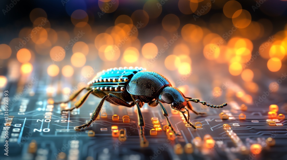 Poster A bug crawling on binary code, symbolizing software testing and debugging, detailed digital background, glowing binary numbers, hyper-realistic, cinematic lighting