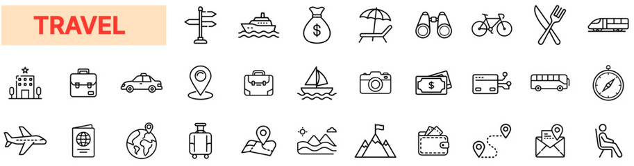 Travel & Tourism Icons – Vacation, Adventure, Transportation, Flights, Hotel, Destination, Navigation, Backpacking, Holiday