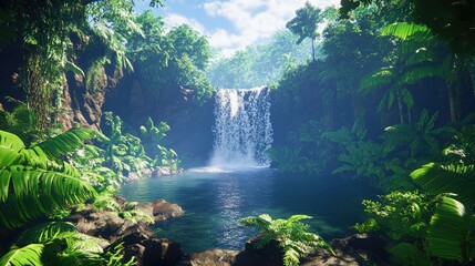 Lush Tropical Waterfall Paradise: Serenity in the Jungle
